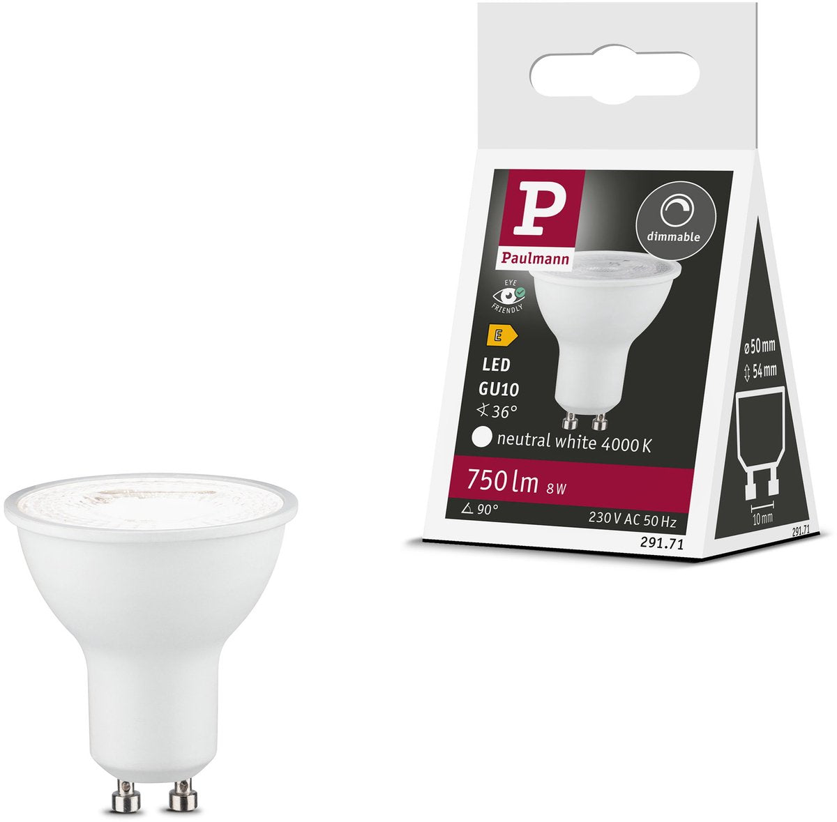 Paulmann standaard led spot gu10 - 230v - dimbaar - 750 lm - 8w - 4000k neutraal wit - mat wit