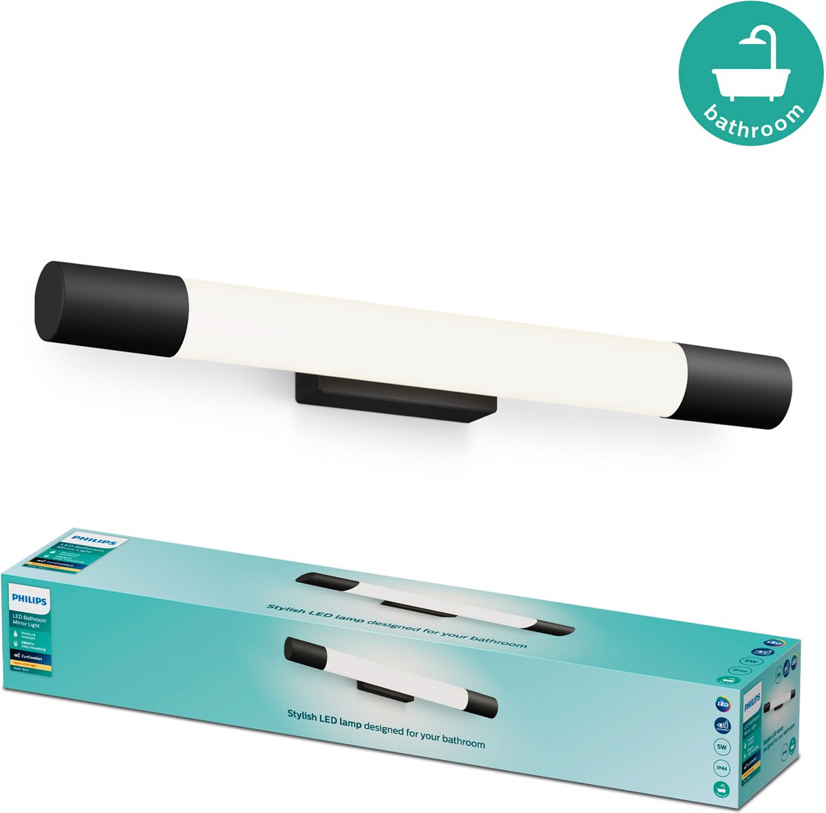 Illuminazione per specchio Philips LED Philips Rover - resistente agli schizzi IP44 - 5W - luce bianca calda - lampada da bagno - cilindrica - nera