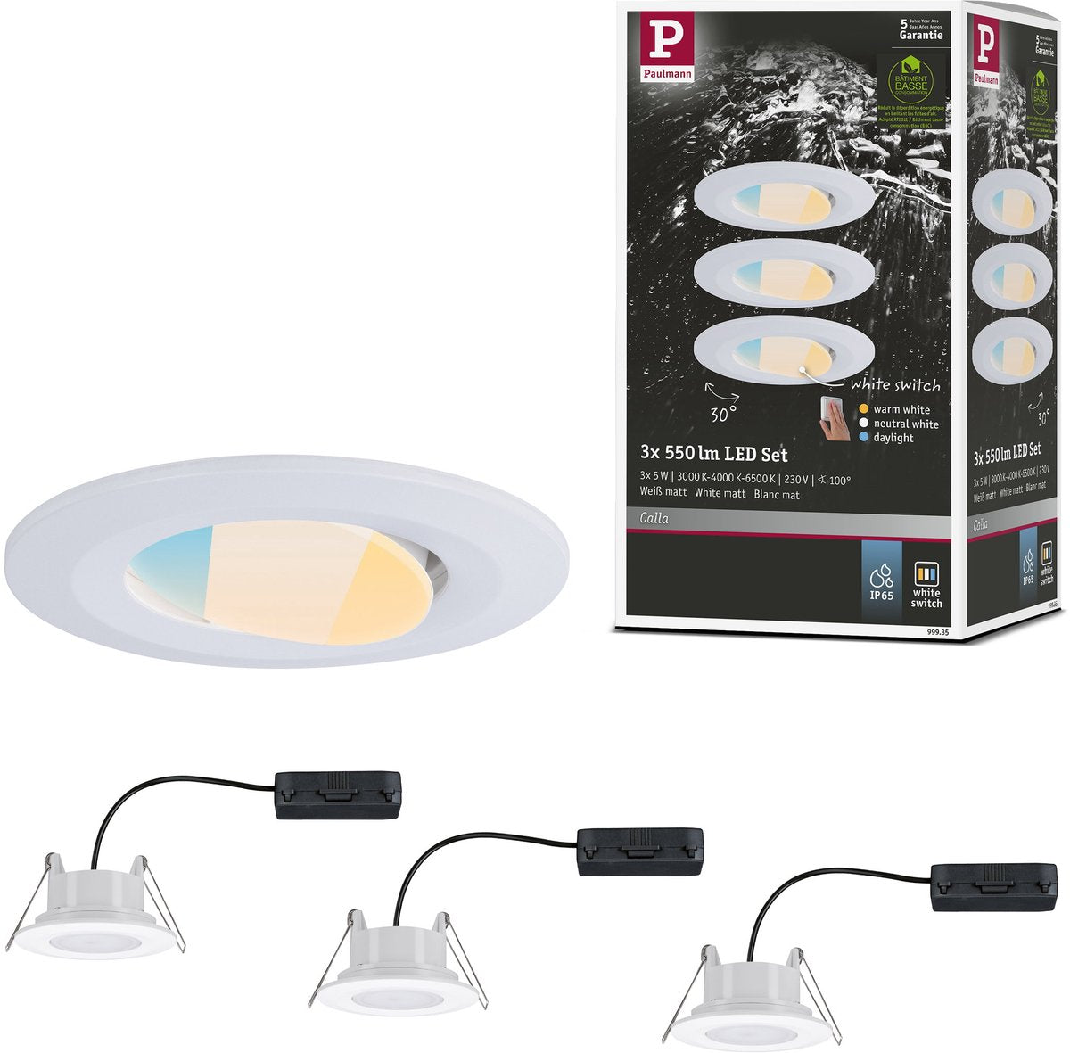 Focos empotrables LED Paulmann calla juego de 3 - blanco mate - ip65 - 5w por foco - 430 lm - 230v - whiteswitch - focos empotrables para baño