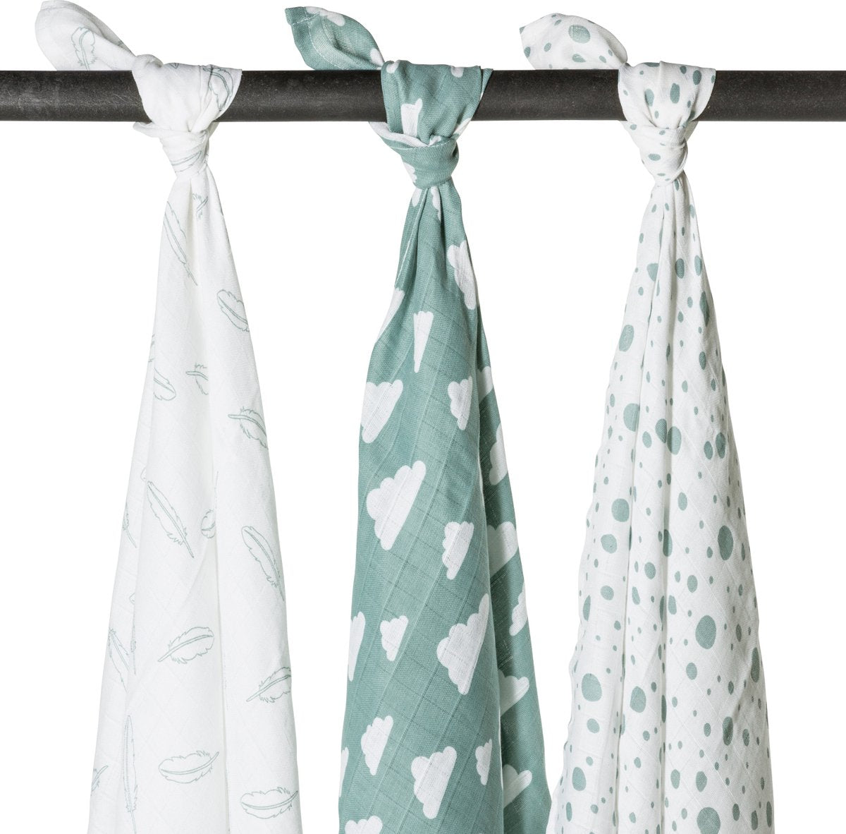 Meyco baby clouds dots feathers swaddle - 3-pack - hydrofiel - stone green - 120x120cm