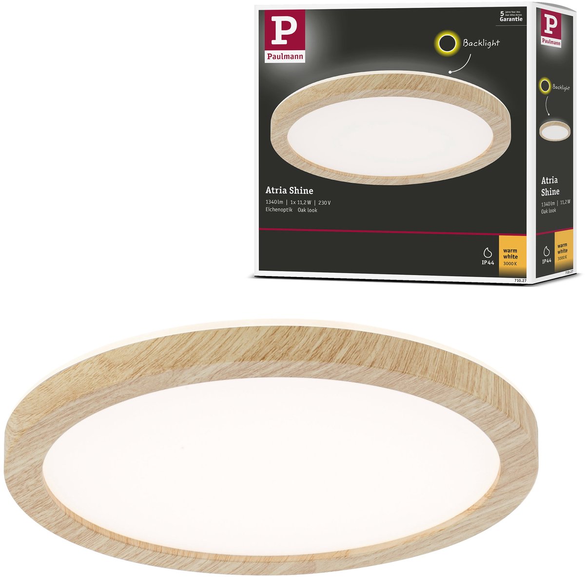 Paulmann Panel LED atria brillo retroiluminación ip44 redondo 190 mm 11,2w 850lm 3000k aspecto madera