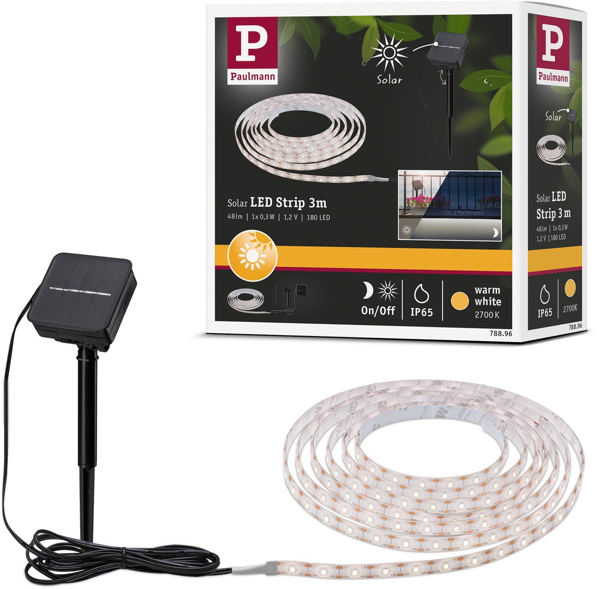 Tira LED solar Paulmann 3 metros blanco cálido 2700k - ip44 - con sensor crepuscular - 0,3w - 60 LEDs m