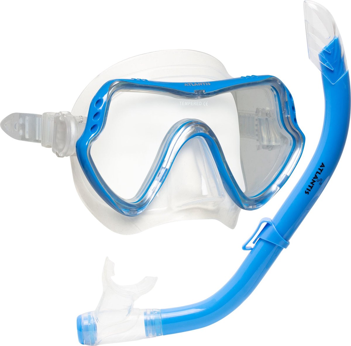 Atlantis samana pro combo - snorkelset - snorkel duikbril - versterkt glas - dry top - luxe bewaartas - volwassenen - transparant blauw