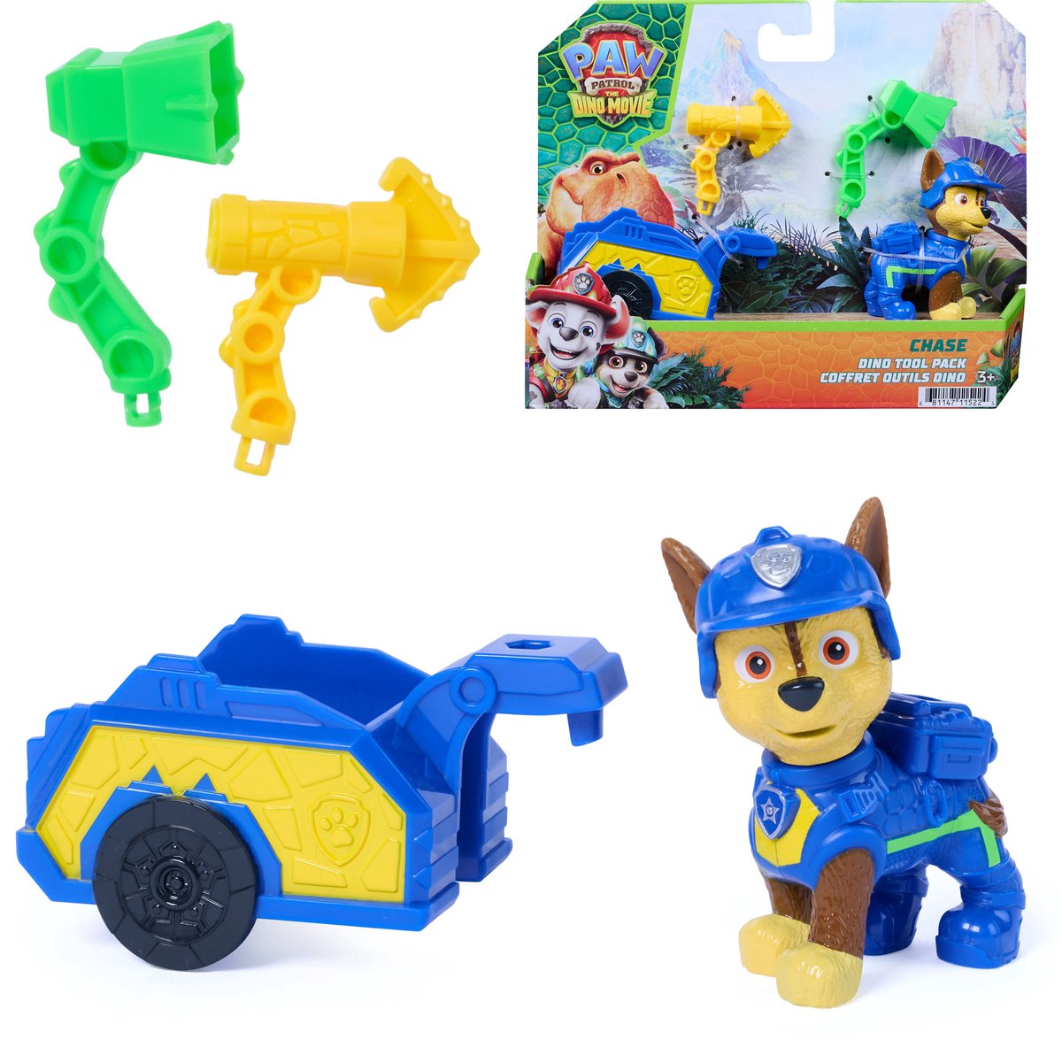 Paw patrol - de dino film - chase dino-gereedschapsset, actiefiguur van 6,3 cm met koppelbare reddingstrailer en 2 verwisselbare gereedschappen