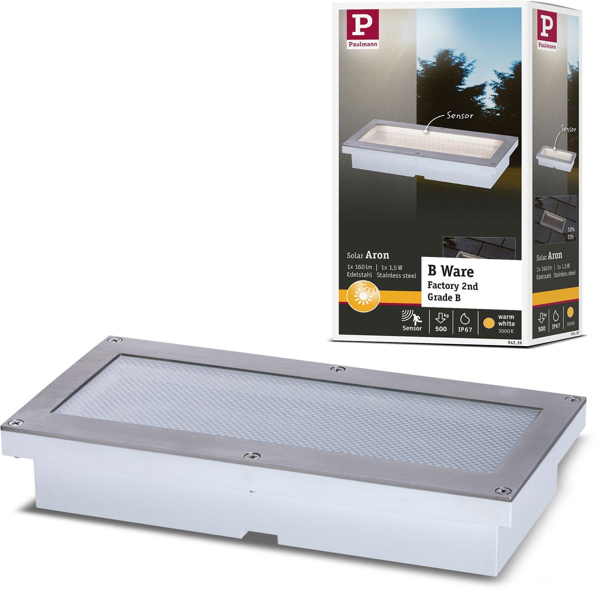 Paulmann solar led-grondinbouwlamp b-waar aron bewegingsmelder ip67 3000k 40lm wit