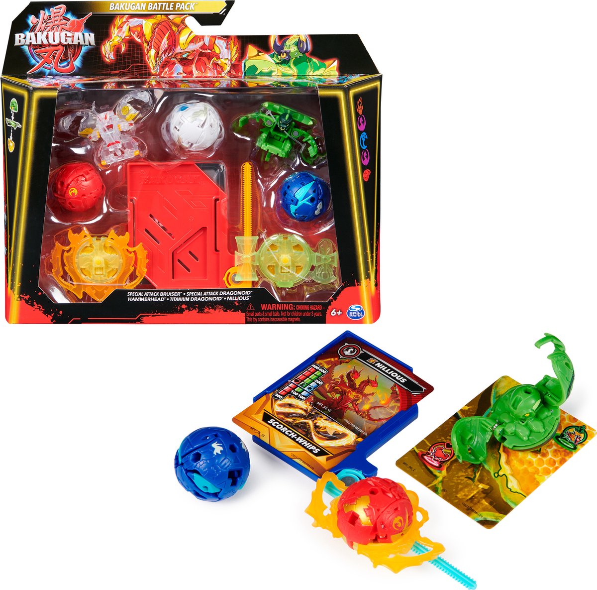 Bakugan: set de batalla de ataque especial con 5 figuras de acción y 3 cartas de luchador; los estilos pueden variar