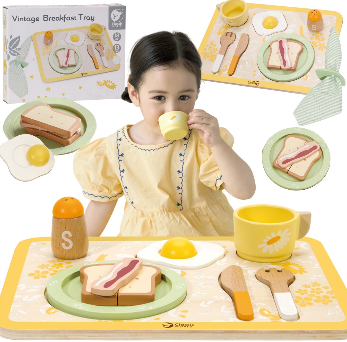 Classic World World World Wooden Breakfast Set con bandeja, 13dlg.