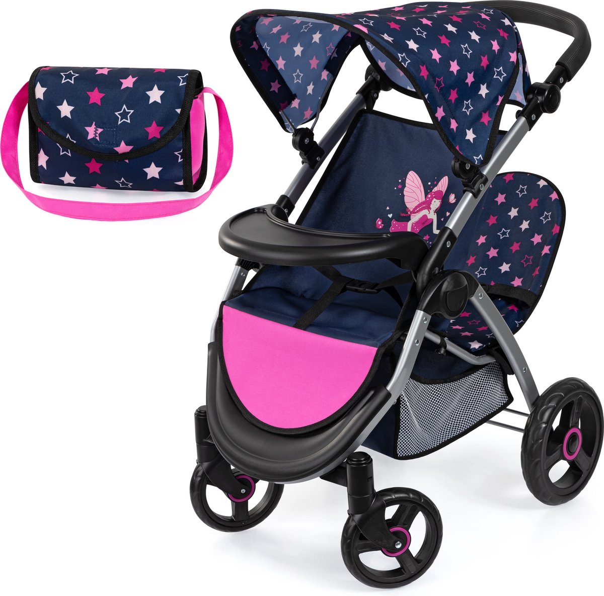 Bayer design cochecito de muñecas gemelo twin xeo, cochecito de muñecas doble, barra de empuje ajustable, bolso