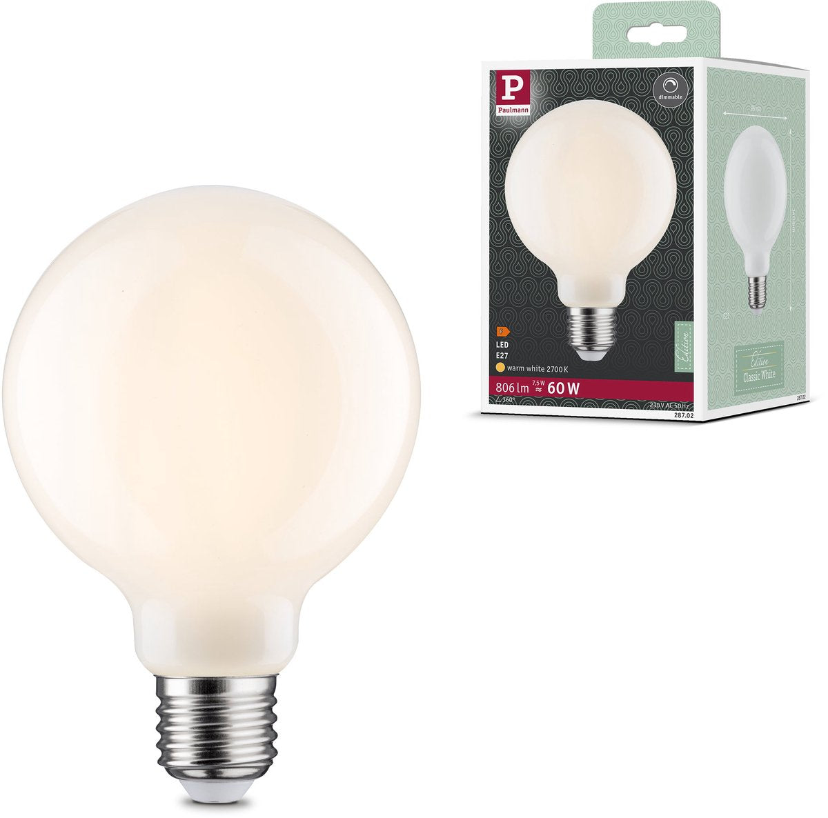 Paulmann filament 230 v led globe g95 e27 806lm 7,5w 2700k dimbaar opaal