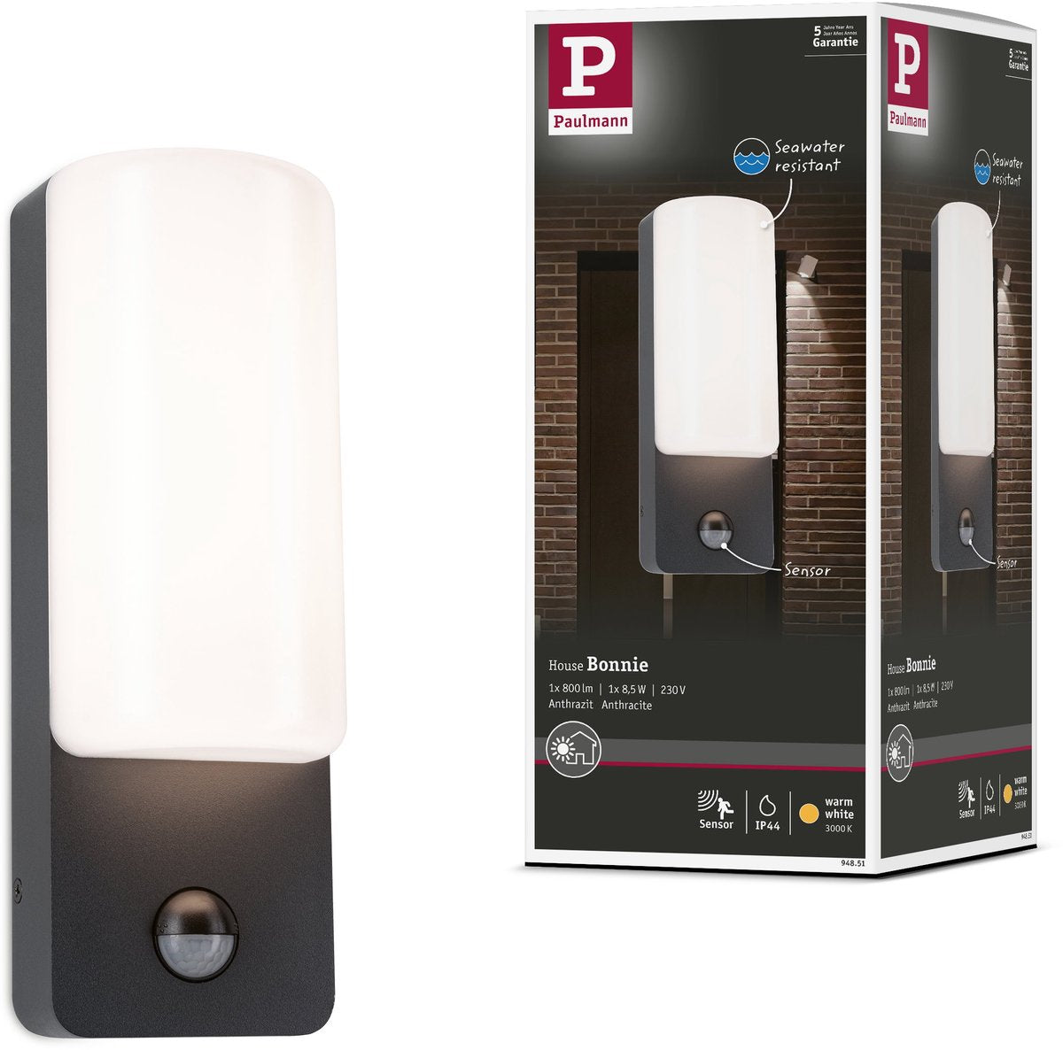 Paulmann apparecchio da parete a LED da esterno Bonnie rilevatore di movimento crepuscolare (IR) IP44 93x263 mm 3000K 8,5W 560LM 230V alluminio antracite