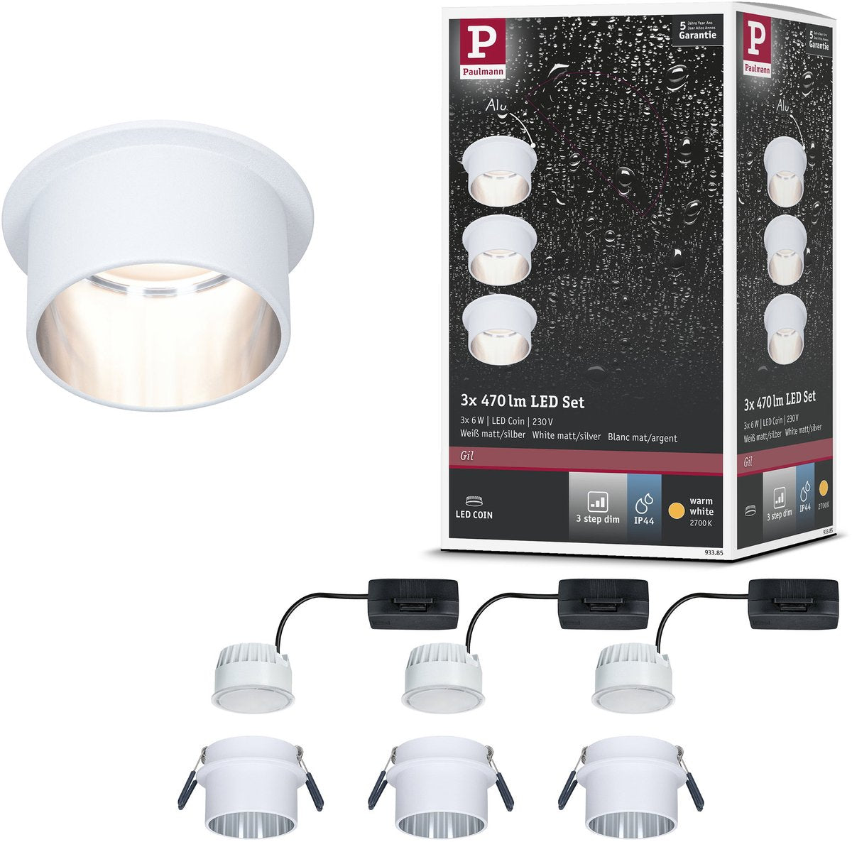 Paulmann LED empotrable 3-step-dim Gil Coin set básico IP44 redondo 68 mm moneda 3x6W 3x470lm 230V regulable 2700K blanco mate, acero cepillado