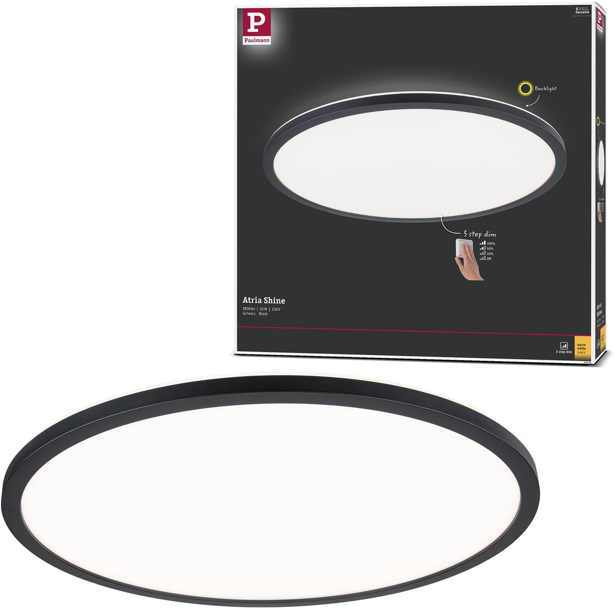Paulmann led-paneel 3-step-dim atria shine backlight rond 420 mm 22w 2300lm 3000k zwart dimbaar