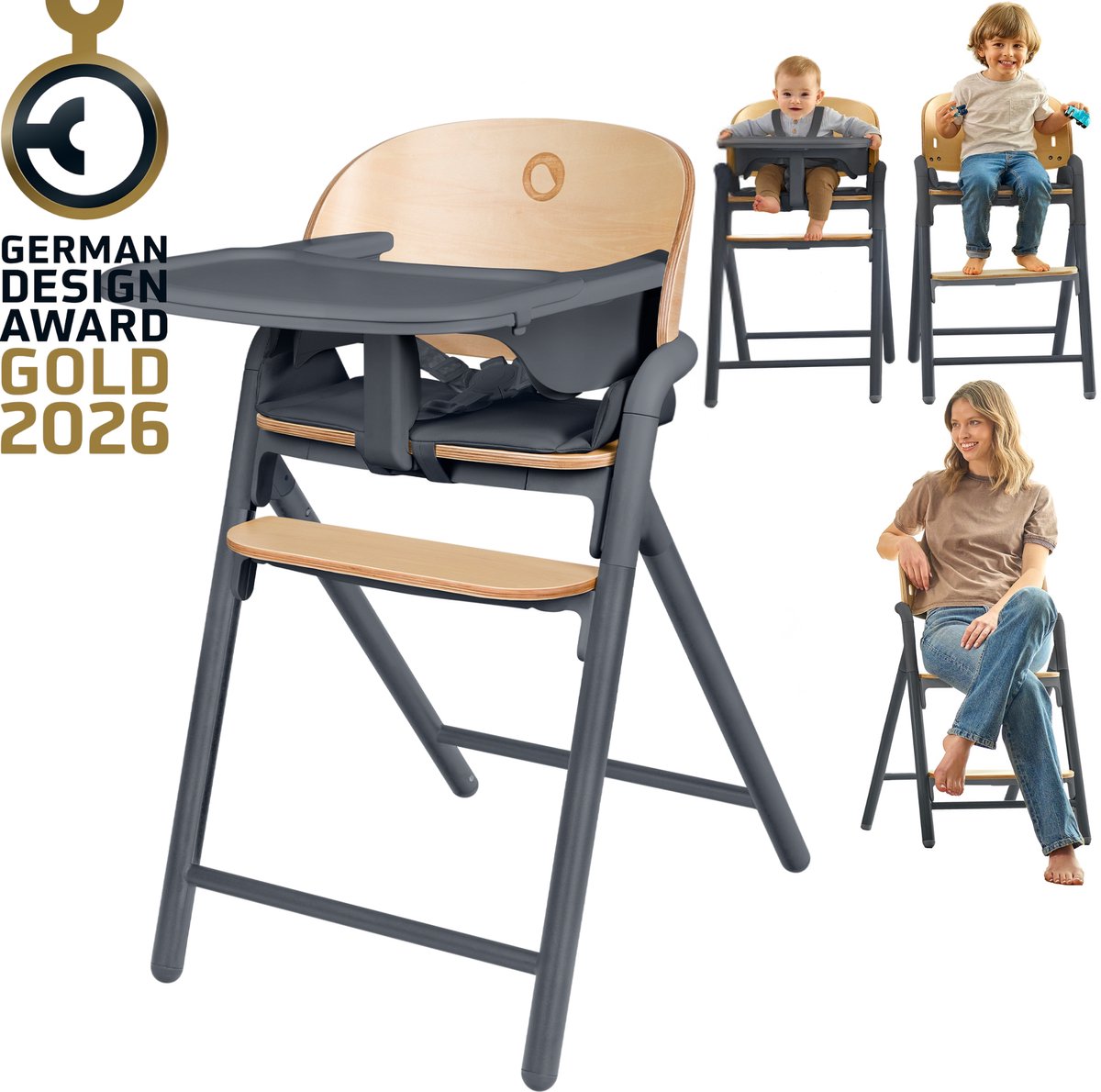 Lionelo celia 3-in-1 houten kinderstoel – van baby tot volwassene – verstelbare zitting voetsteun – 5-punts gordel – eco-leer bekleding – inclusief babyset eetblad – draagvermogen tot 110 kg