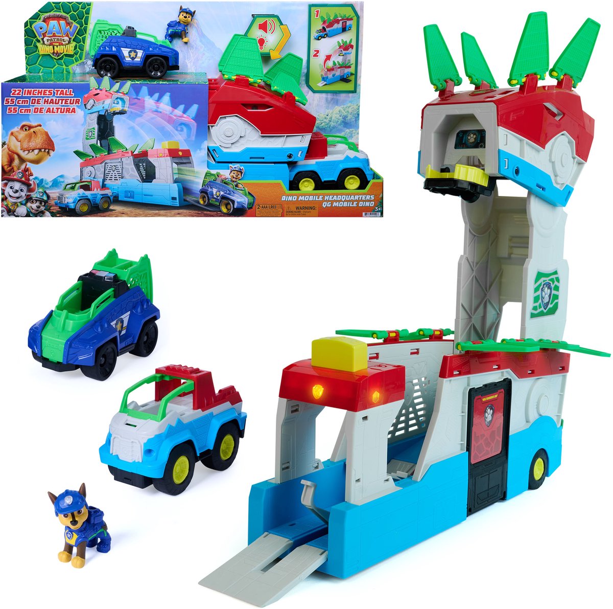 Paw Patrol - The Dino Movie - Dino Mobile Headquarters, set da gioco trasformabile 2 in 1 da 55,8 cm con luci e suoni, include action figure Chase e 2 veicoli per entrare in azione