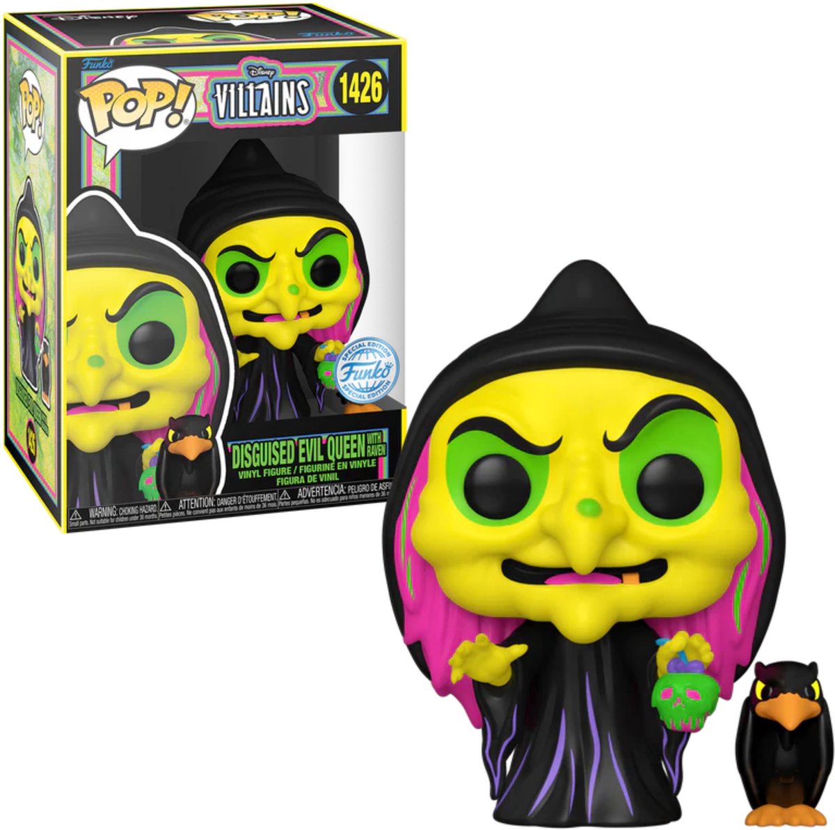 Funko pop! disney villains: disguised evil queen with raven #1426 box lunch blacklight exclusive