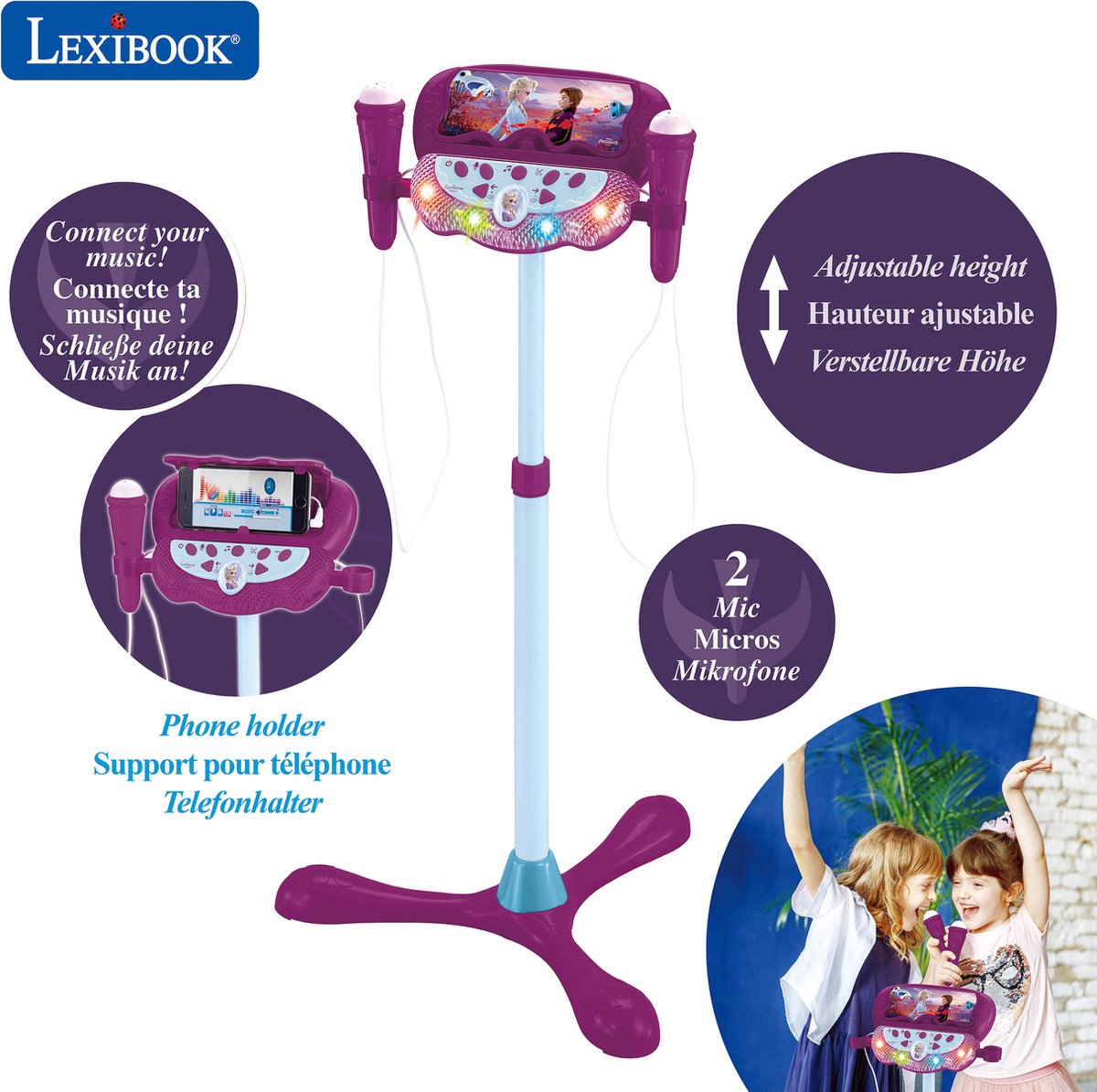 Lexibook frozen soporte ajustable con 2 micrófonos con efectos de voz, iluminación, altavoz, Bluetooth