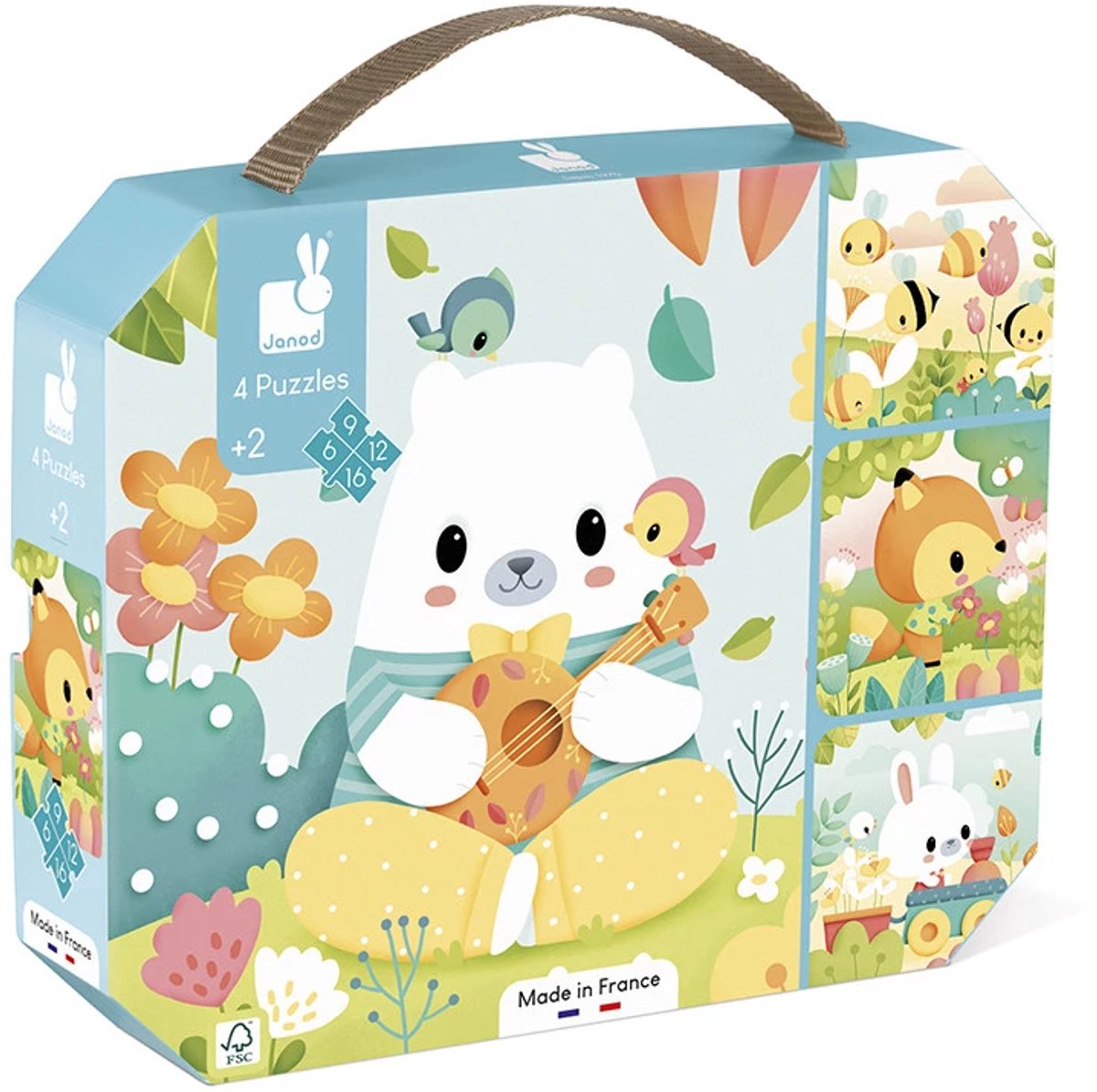 Janod - puzzle - 4 puzzle puri in valigia - 6, 9, 12 e 16 pezzi