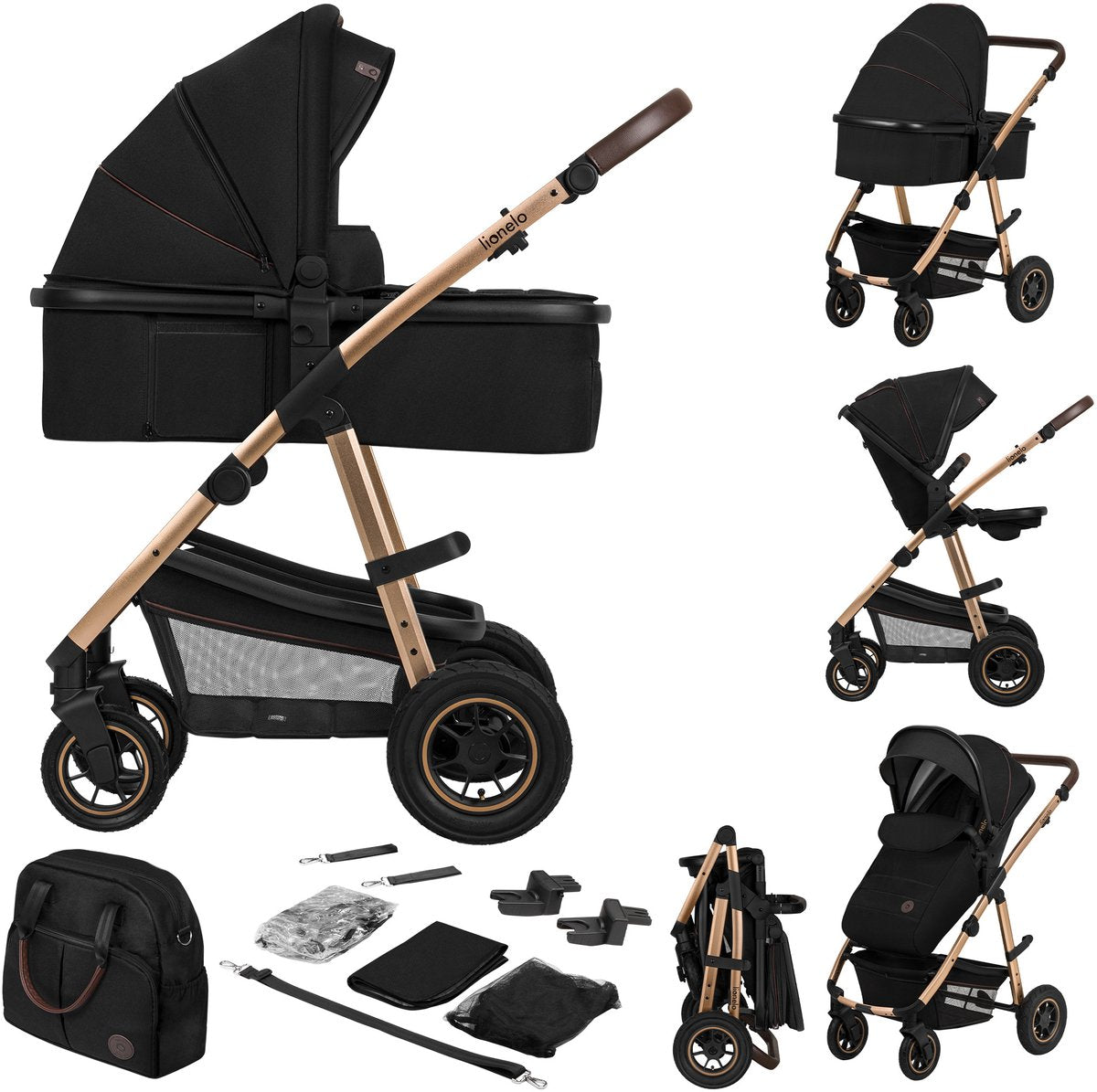 Lionelo amber 2in1 - stroller 2 in 1 - travel cot + buggy - from birth to 22 kg (0-4 years) - pneumatic tires - full suspension - comfortable mattress - quickly foldable - diaper bag - mosquito net - rain cover - changing mat - stroller - baby toddler