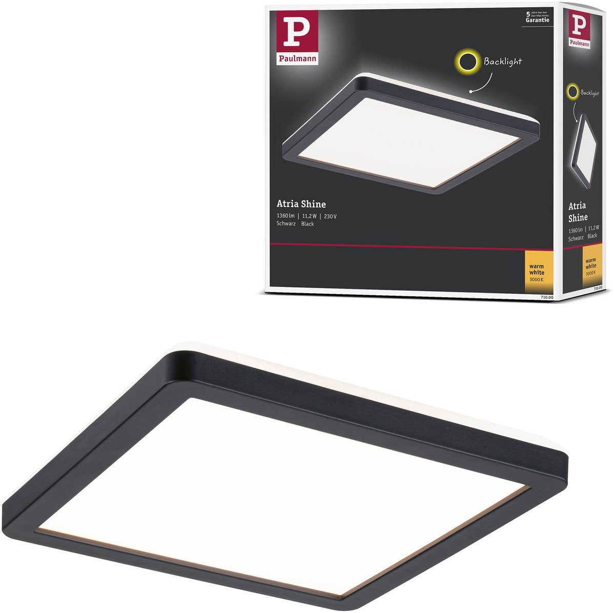 Paulmann Panel LED atria brillo retroiluminación angular 190x190 mm 11,2w 900lm 3000k negro