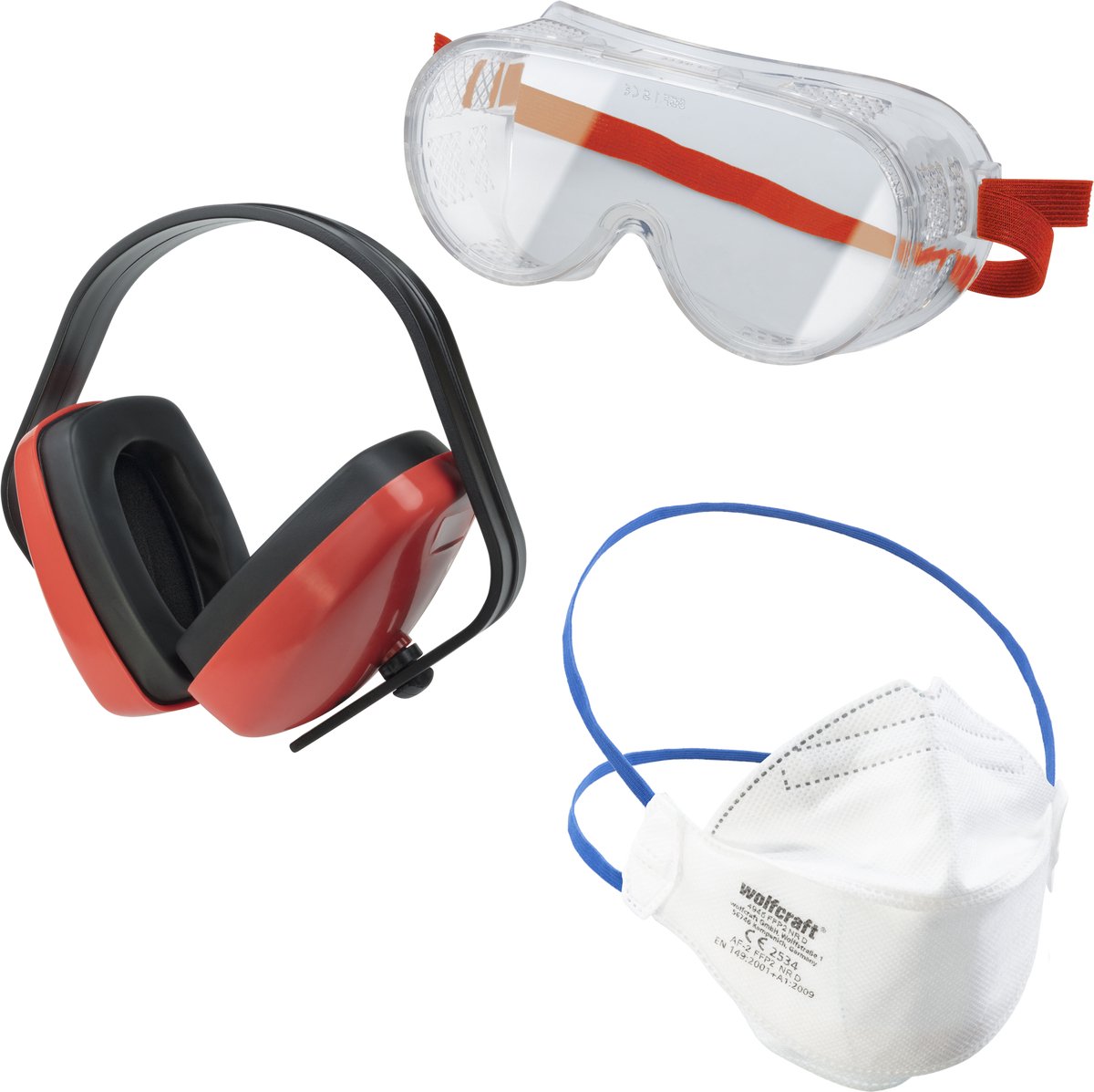 Wolfcraft - set di occhiali di sicurezza - 3 pezzi - inclusa maschera antipolvere e protezione per l'udito - 4980000