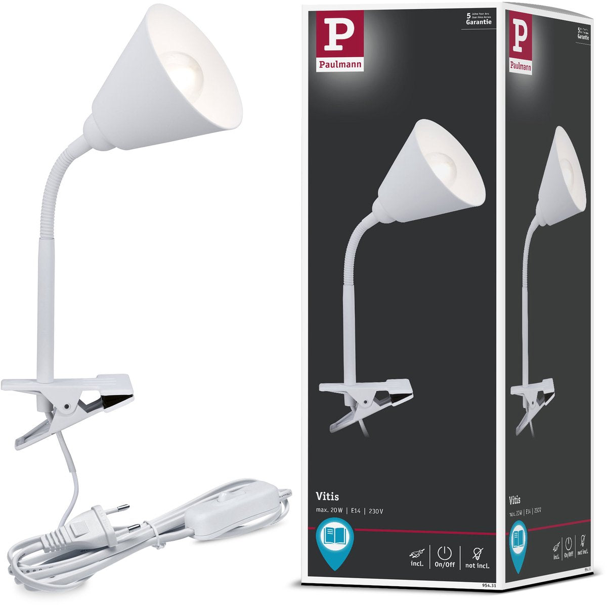 Paulmann pinza lampara vitis flexarm cable interruptor blanco 230v e14