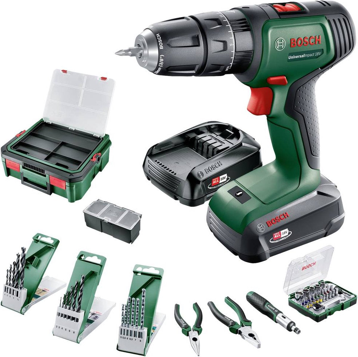 Bosch home and garden universal impact 18v accu-klopboormachine incl. lader, incl. koffer