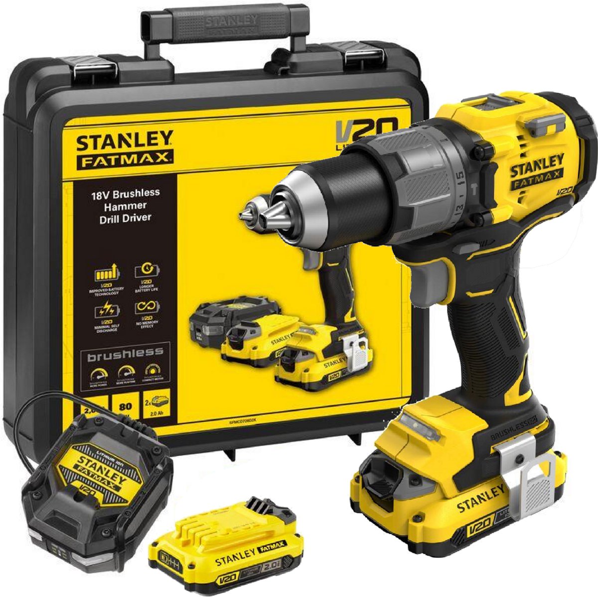 Stanley fatmax v20 brushless schroefklopboormachine in koffer 2x2.0ah sfmcd726d2k-qw