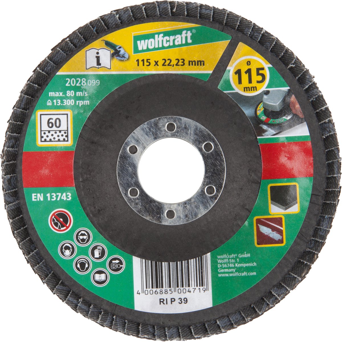 Wolfcraft - disco de láminas - 115 mm - grano 60 - amoladora angular con placa de láminas de lijado para metal - 2028099