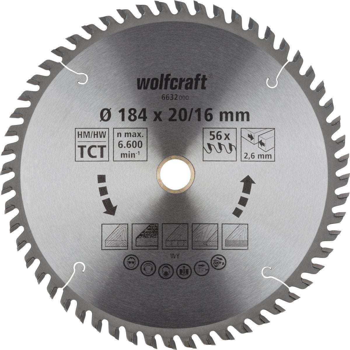 Wolfcraft - hoja de sierra circular 184 mm - 56 dientes - 20 orificios de 16 mm - para sierra circular - 6632000
