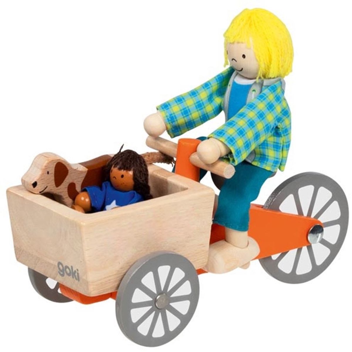 Goki Dollhouse Bike de carga de madera con niño y perro