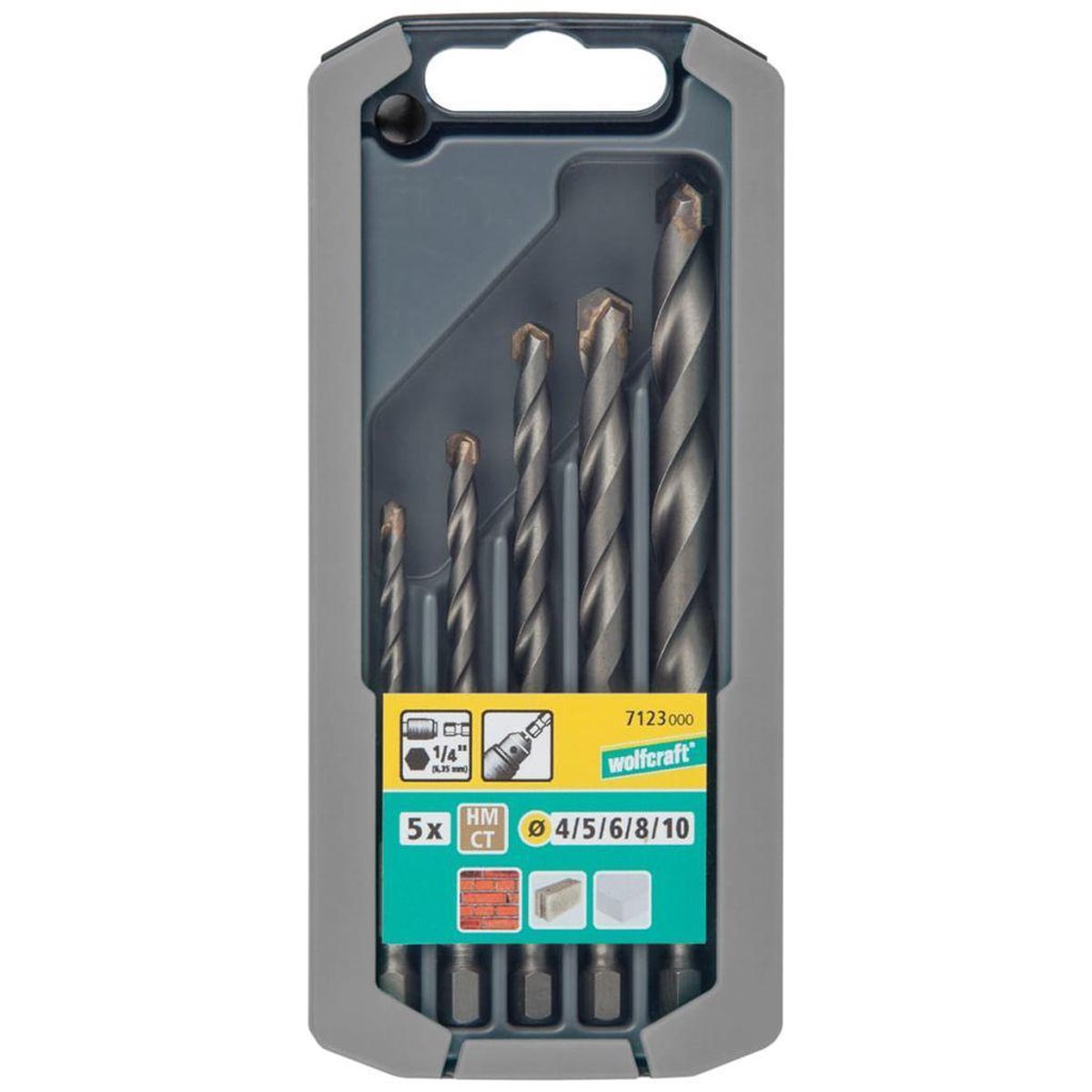 Wolfcraft - set di punte per muratura - da 4 a 10 mm - 5 pezzi - metallo duro - gambo esagonale - 7123000