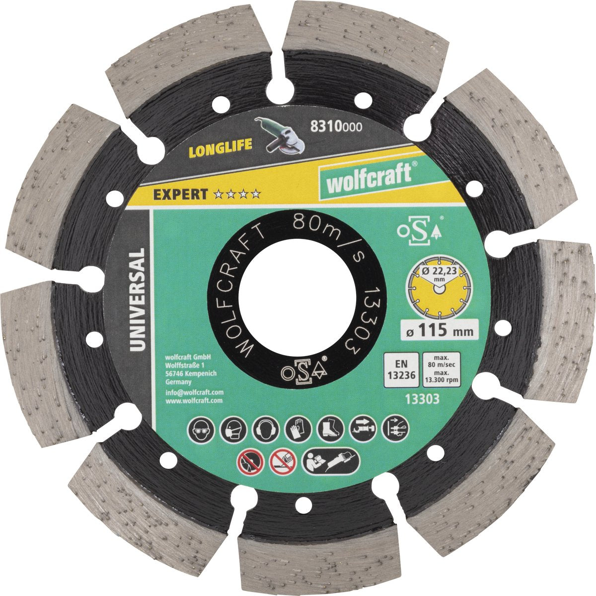 Wolfcraft - disco de corte de diamante ø 115 mm - disco de corte de diamante - disco de corte para amoladora angular - 8310000
