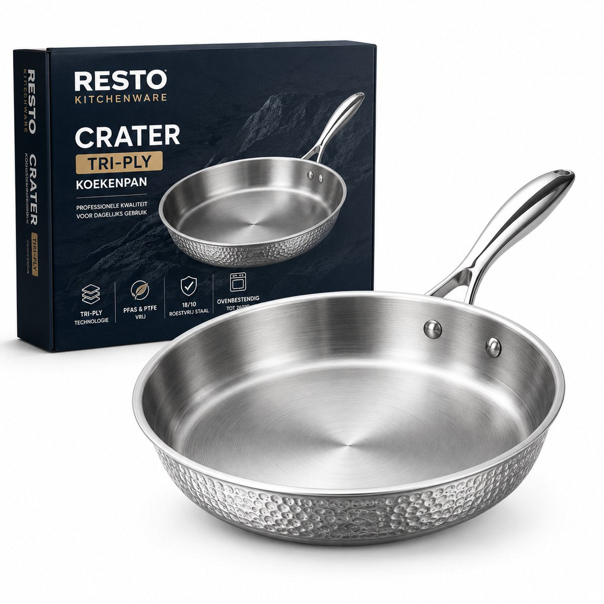 Sartén Resto crater 26 cm - Sartén de acero inoxidable triple - Apta para inducción - Sartén profesional - Revestimiento antiadherente Pfluon - Apta para horno