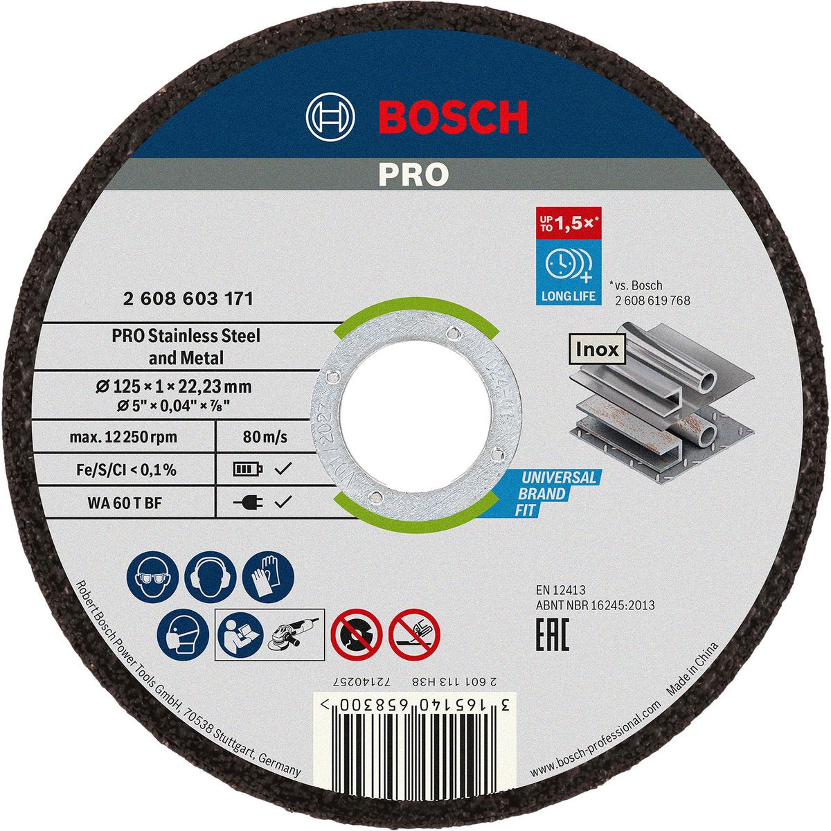 Disco de corte Bosch recto estándar para acero inoxidable - rapido wa 60 t bf, 125 mm, 22,23 mm, 1,0 mm 1.
