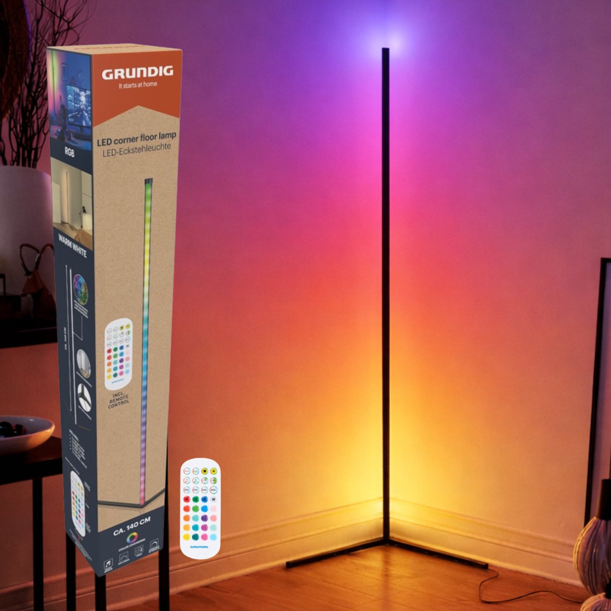 Lampada ad angolo a led Grundig RGB - lampada da terra RGB 140 cm - lampada ad angolo a led da terra dimmerabile rgbw e luce bianca - lampada da terra RGB - incl. telecomando e sensore musicale
