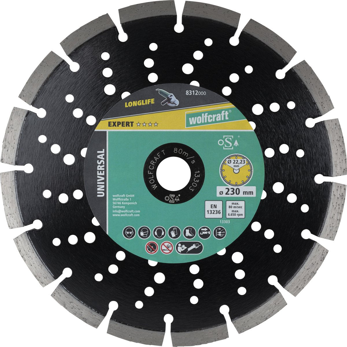 Wolfcraft - disco de corte de diamante ø 230 mm - disco de corte de diamante - disco de corte para amoladora angular - 8312000