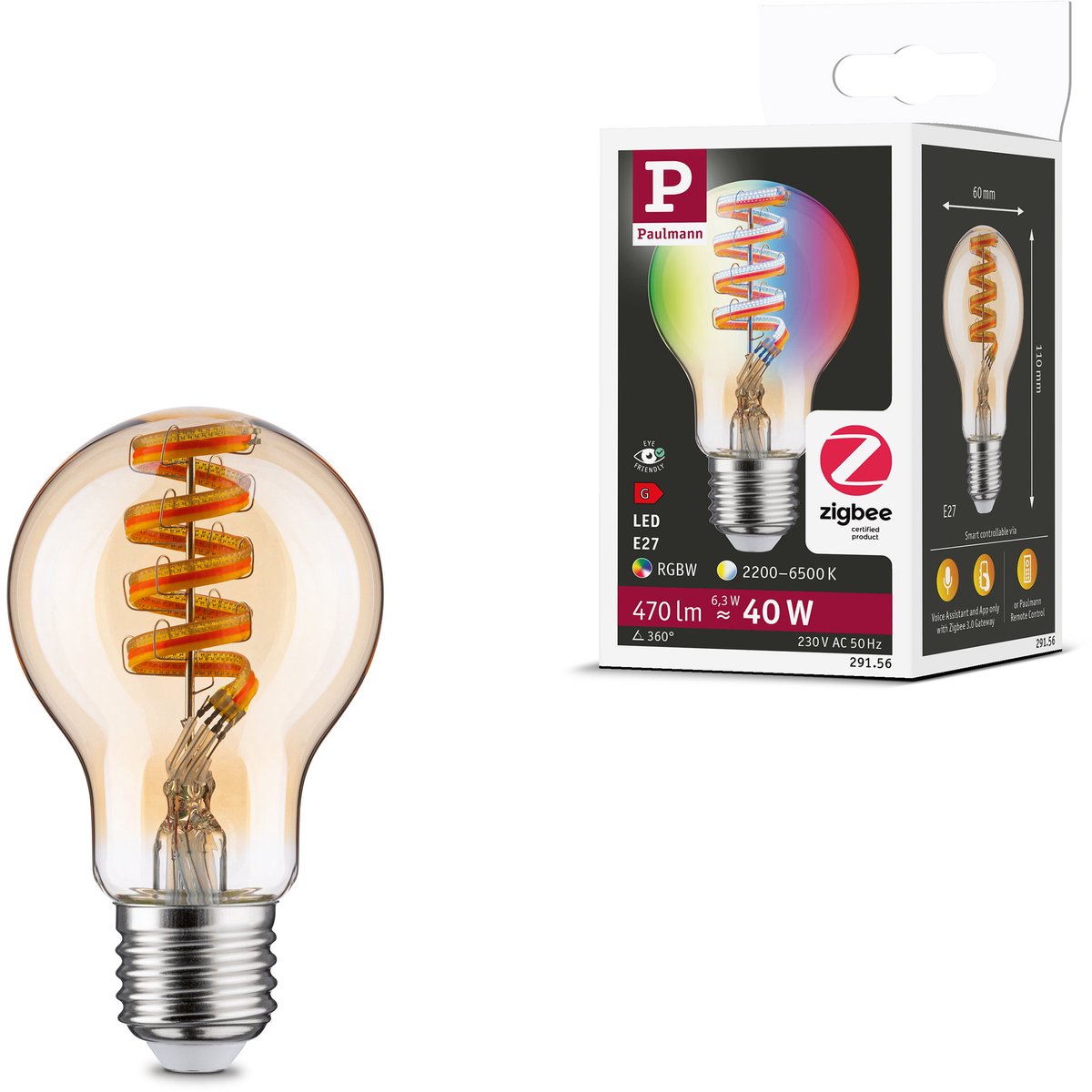 Paulmann filament 230 v smart home zigbee 3.0 led-gloeilamp e27 470lm 6,3w rgbw+ dimbaar goud