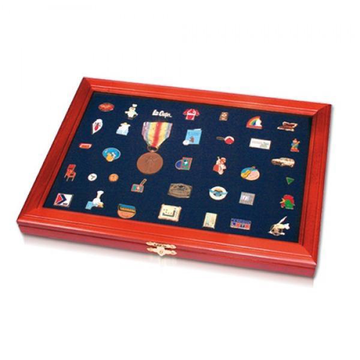 Safe elegante houten vitrine geschikt voor pins, medailles en buttons - 38 x 26 x 3 cm
