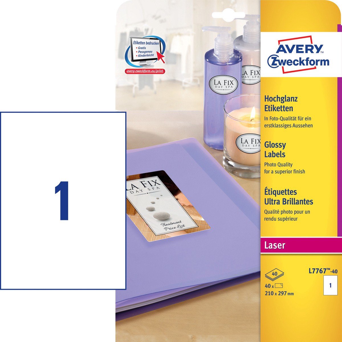 Avery glanzende etiketten, wit, 210,0 x 297,0 mm, permanent klevend
