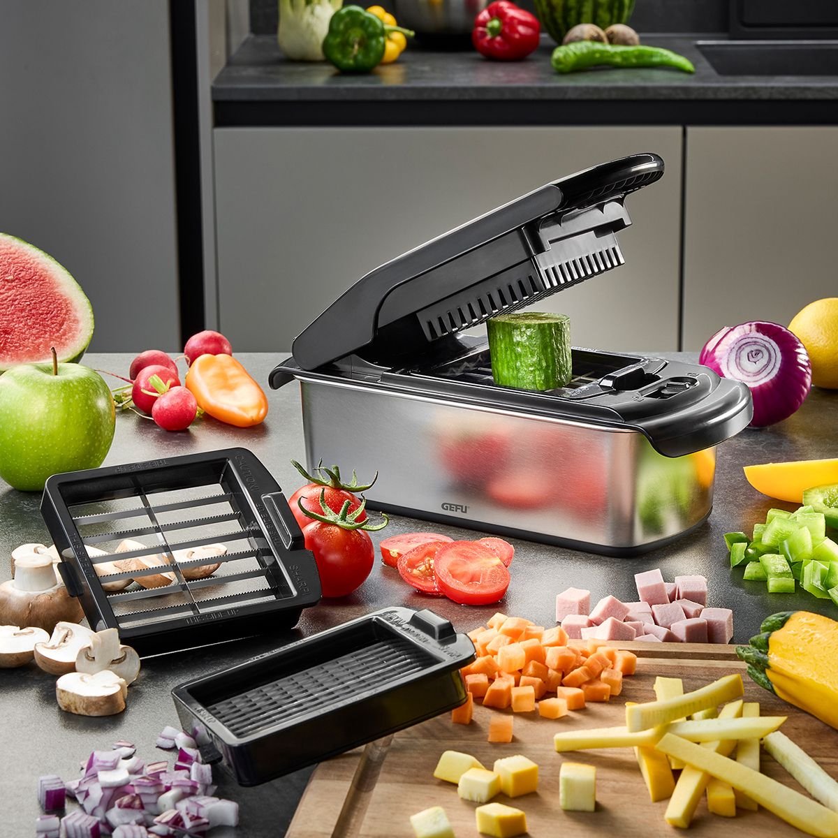 Gefu treppo 2.0 vegetable and fruit cutter – cubes, sticks and slices – including 3 cutting inserts