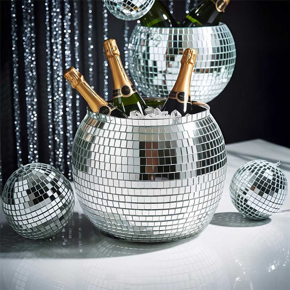 Mikamax secchiello per il ghiaccio sfera da discoteca argento – xl 11l – ø27,5 cm – scintillante refrigeratore per feste – per vino, bibite e ghiaccio