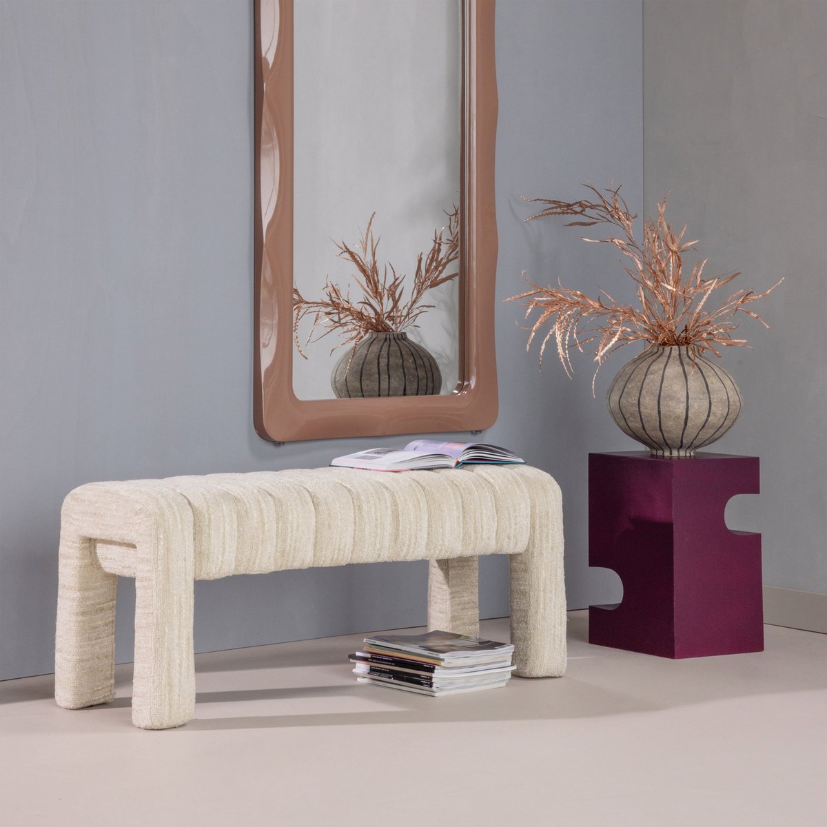 Banco madera frex tapizado - bouclé - natural - 48x110x43