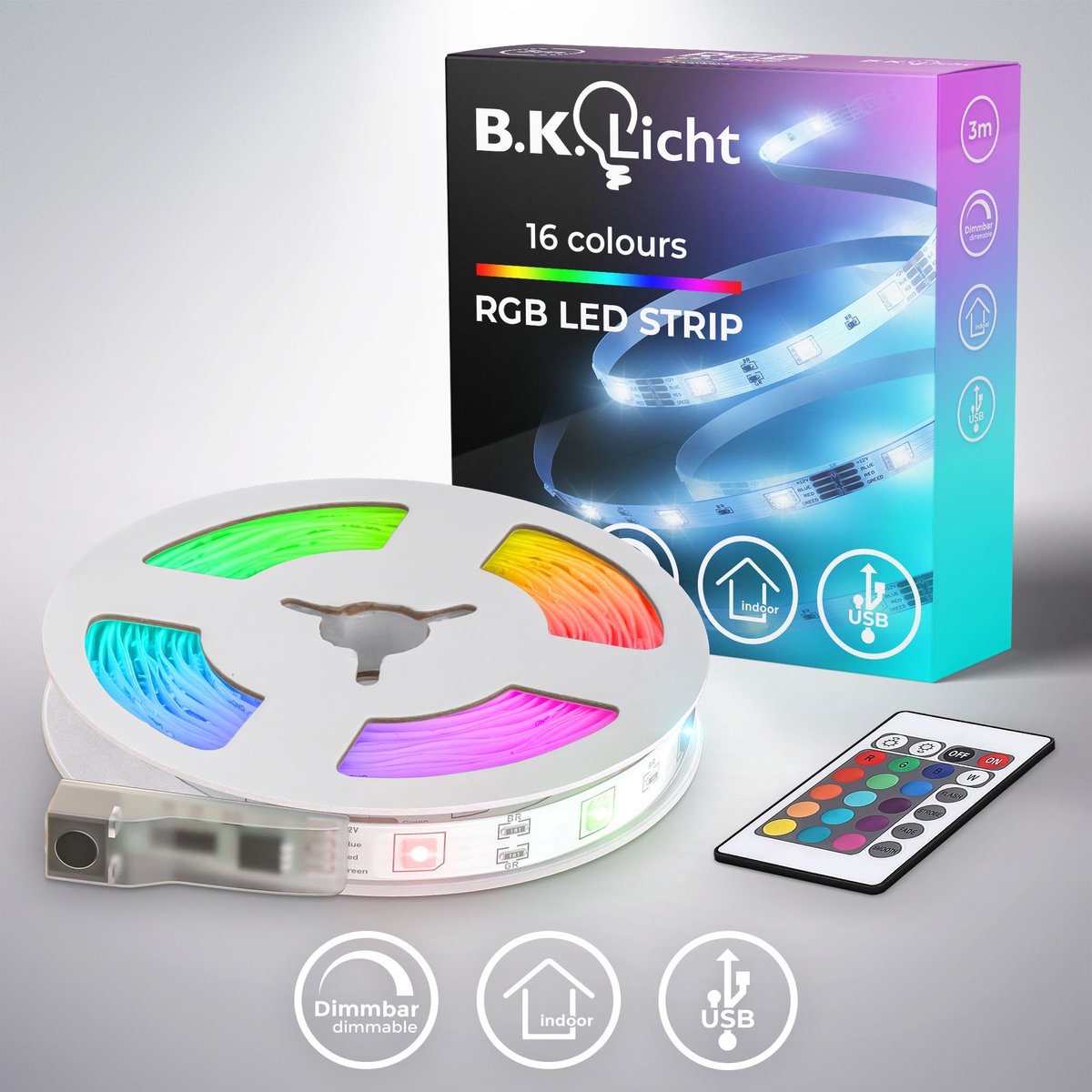B.K.licht - Striscia LED - Luci LED da 3 metri - con USB - RGB - dimmerabile - luce colorata - con telecomando