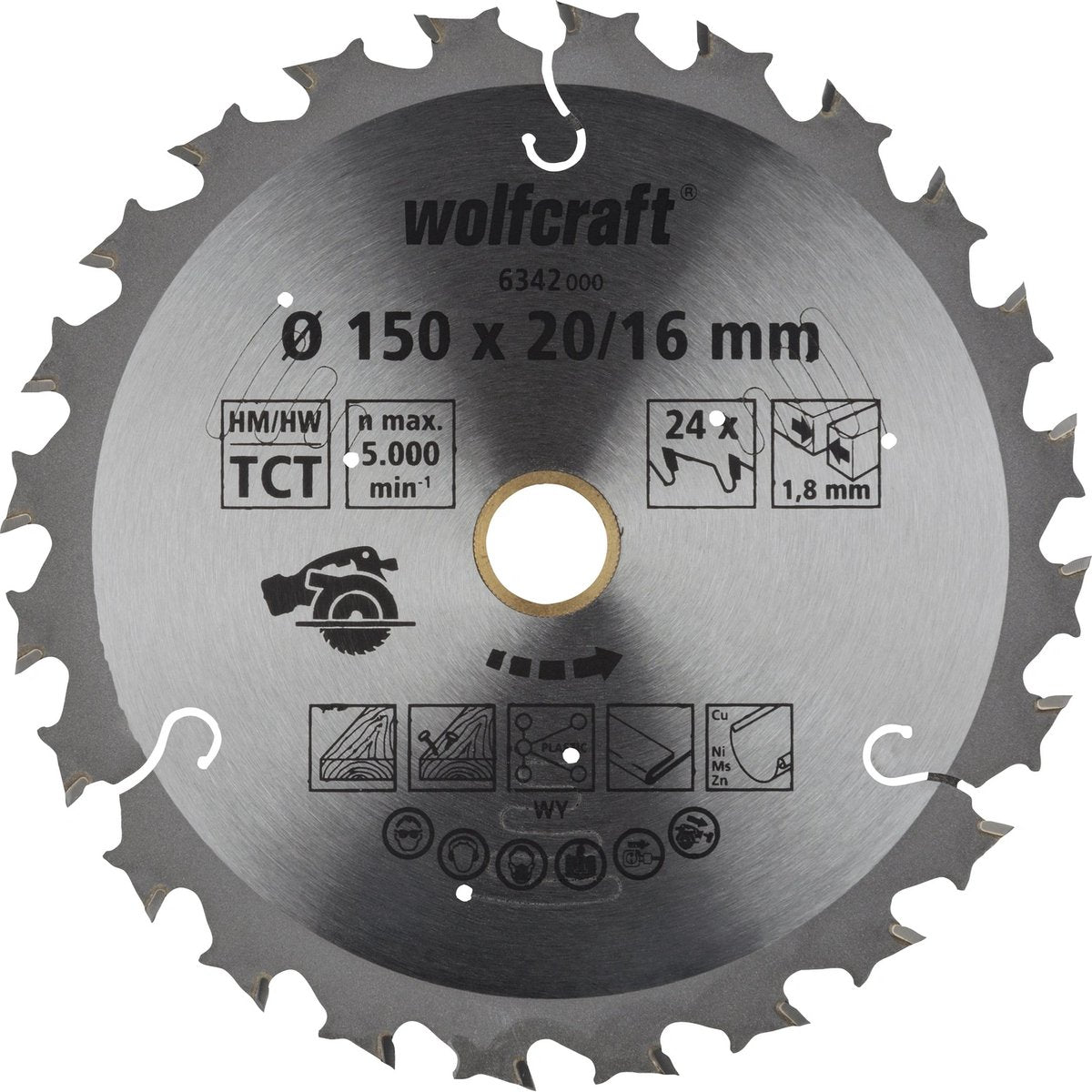 Wolfcraft - hoja de sierra circular 150 mm - 24 dientes - 20 orificios de 16 mm - para sierra circular - 6342000