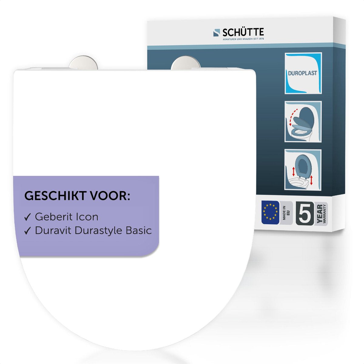 Asiento de inodoro Schütte 82813 pro 6 - en forma de D - freno de caída - extraíble - adecuado para Geberit Icon, Duravit Durastyle Basic - capacidad de carga hasta 250 kg