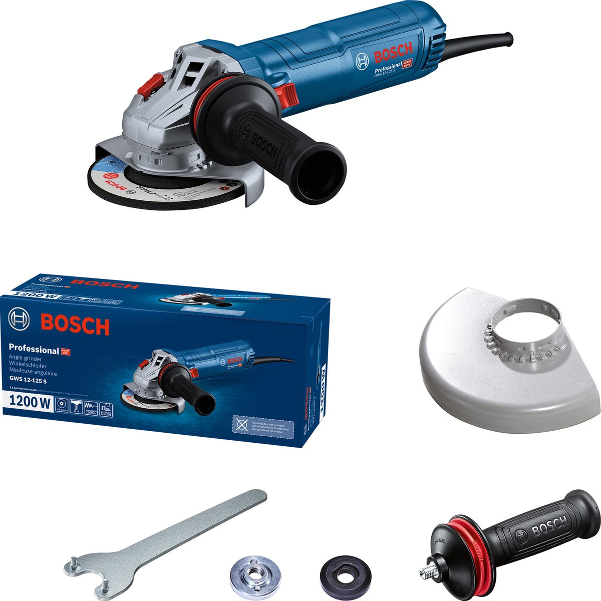 Bosch professional gws 12-125 s - amoladora angular - incluye mango de control de vibraciones - cubierta protectora - cubierta protectora con clip - brida de montaje - tuerca de apriete - llave de espigas