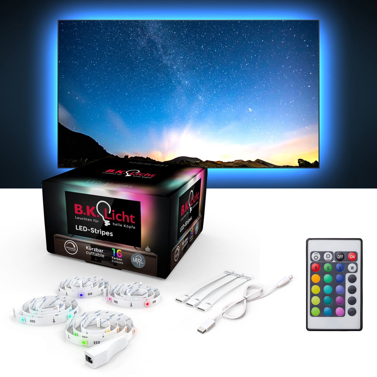 B.K. luce - striscia LED - 2 metri - con RGB - USB per auto - con telecomando - autoadesiva - per TV PC - accessori gaming