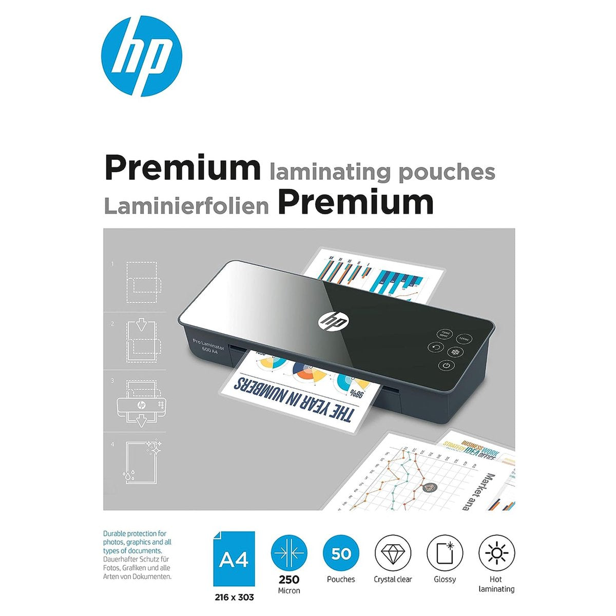 Pellicole di laminazione premium HP 9125 a4 - buste di laminazione per laminazione a caldo - lucida - 250 micron - 50 pezzi