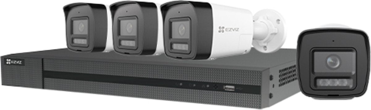 Ezviz H3K POE 4K Kit - Cámara de seguridad exterior 4x - Detección AI, defensa activa visión nocturna - IP67 - POE SD