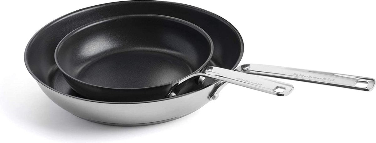 Juego de sartenes de acero inoxidable Kitchenaid de 2 piezas - 20 28 cm - revestimiento antiadherente sin pfas - juego de sartenes para inducción - sartén de cerámica - apto para horno hasta 160°c - plateado